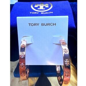 Tory Burch Signature T Logo 2" Hoop Earrings Rose Gold New Dust Pouch